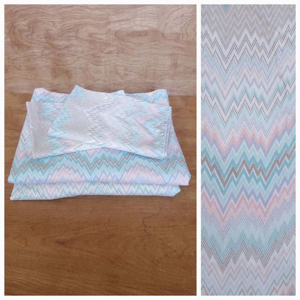 Vintage Martex Full Double Percale Sheet Set Complete 4 Piece Flamestitch Pastel
